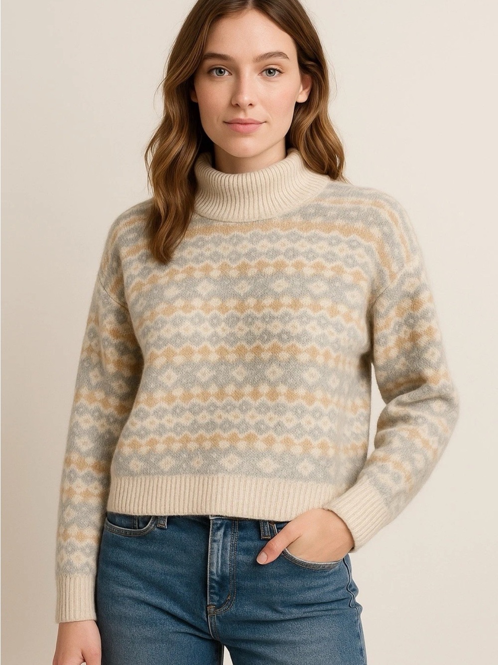 Turtleneck Fair Isle Knit Sweater in Cream and Gray cozy Nordic soft academia S